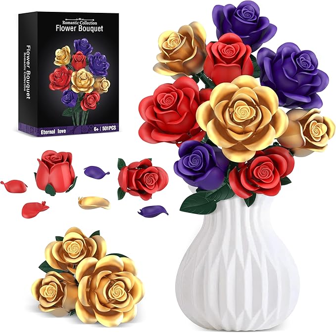 Rose Bouquet Flowers Building Set, 501Pcs Red Purple Golden Roses Artificial Flowers Botanical Collection Compatible with Lego Flowers Home Office Table Decor Valentines Day Xmax Gifts for Mom Women