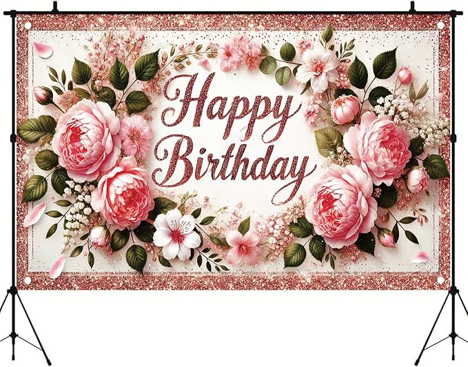 Happy Birthday Backdrop Rose Gold Glitter Peony Floral Banner Birthday Party Decorations Photography Background for Women Girls Wedding Baby Shower Decor Photo Booth Supplies 6x4ft