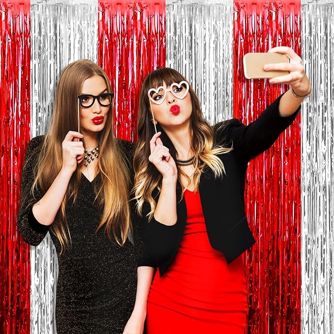 4 Pack Foil Fringe Curtain Backdrop, 3.28Ft x 8.2Ft Metallic Tinsel Foil Fringe Streamers Curtains for Photo Booth, Wedding, Circus Welcome Carnival Birthday Party Decoration Silver Red