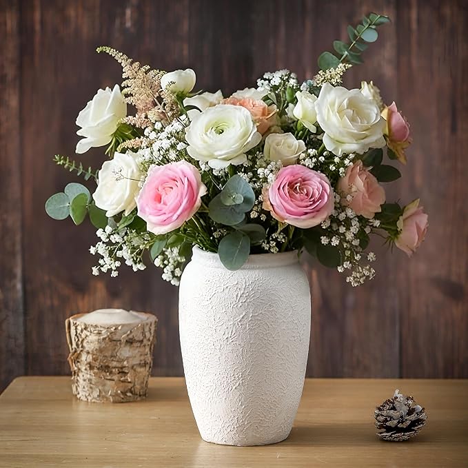 Ceramic Farmhouse Flower Vase, 8.2 Inch Terracotta Rustic Vase, Christmas Decorative Pottery Flower Vases for Living Room, Entryway, Table, Shelf Decor
