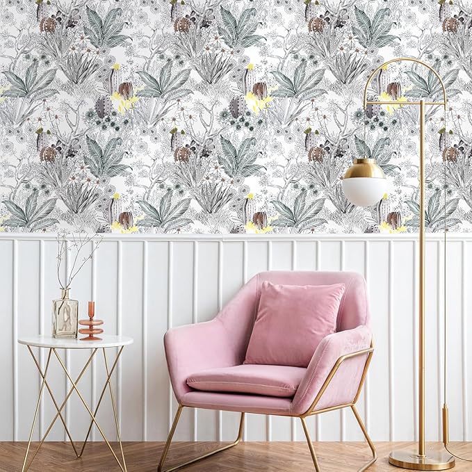 Wudnaye Gray Floral Peel and Stick Wallpaper Vintage Contact Paper 17.7 inch × 196.8 inch Self Adhesive Cactus Wall Paper Stick and Peel Flower Removable Botanical Wallpaper for Bathroom Boho