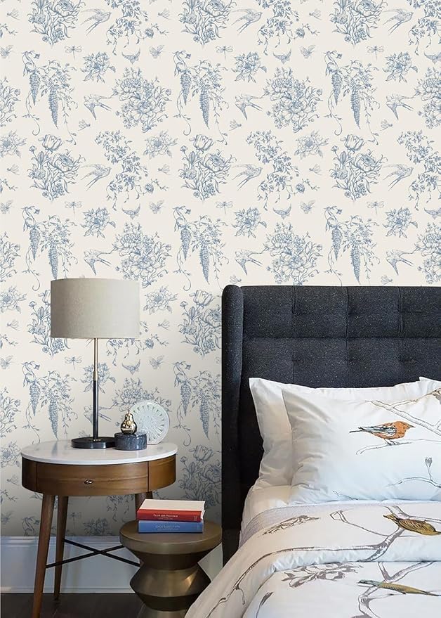 Cream White and Blue Peel and Stick Wallpaper Vintage Floral Contact Paper 16.9"x 118.1" Blue Floral Wallpaper Peel and Stick Birds Self Adhesive Removable Wall Paper for Bedroom Bathroom