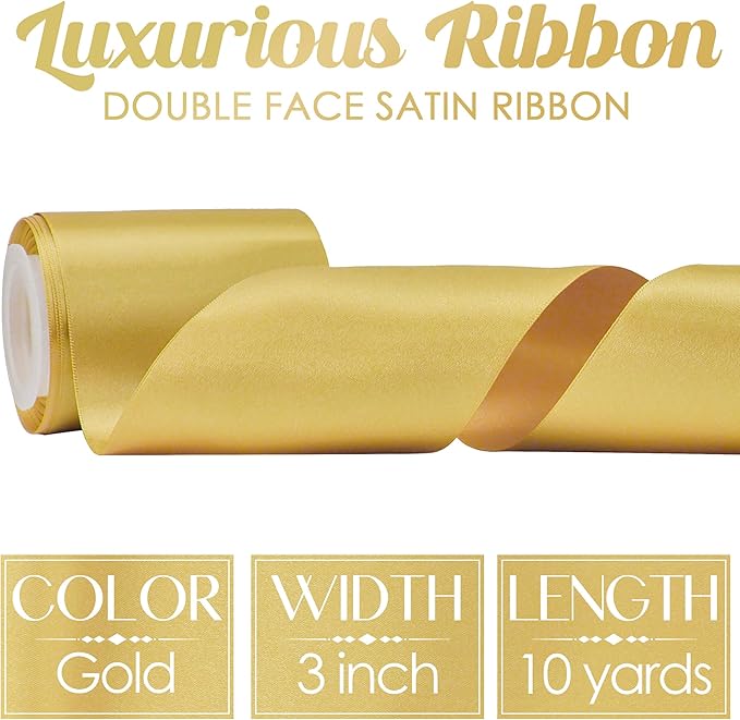 MEEDEE Gold Satin 3 Inch Ribbon Lux Double Faced Satin Ribbon Christmas by 10 Yards Tree Ribbons Wide Gold Ribbons for Christmas Tree Decoration, Weddings, Flower Bouquet