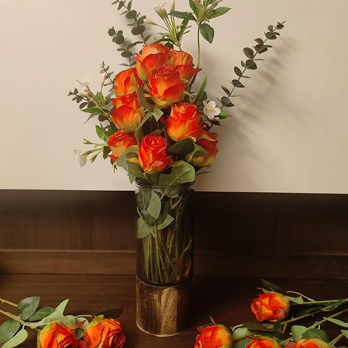 Artificial Roses 10 Pcs - Lifelike Single Stem Fake Roses with Natural Petal Texture,Fade-Resistant Silk Flowers for Wedding Decor,Home Vase Arrangements,Party Centerpieces(10, Red - Orange)