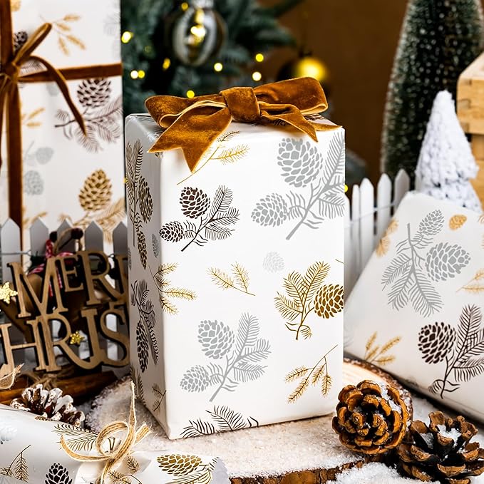 MAYPLUSS Luxury Christmas Wrapping Paper Roll - 17 Inch X 33 Feet - Beige Wrapping Paper with Gold and Silver Pine Cone, Needle Pattern Winter Motive Gift Wrap Paper for Christmas, Holiday, Birthday