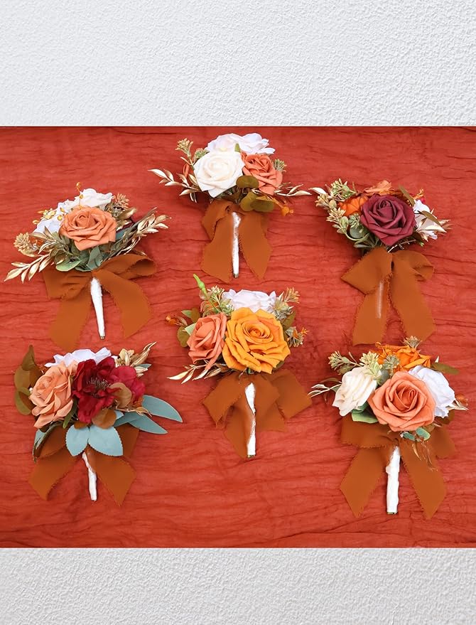 Marriwise Set of 6 Assorted Wedding Flower Centerpieces Pre-Made Mini Bridesmaid Bouquets Artificial Flower Terracotta Table Decor for Fall Wedding Decorations Shower Home Decor