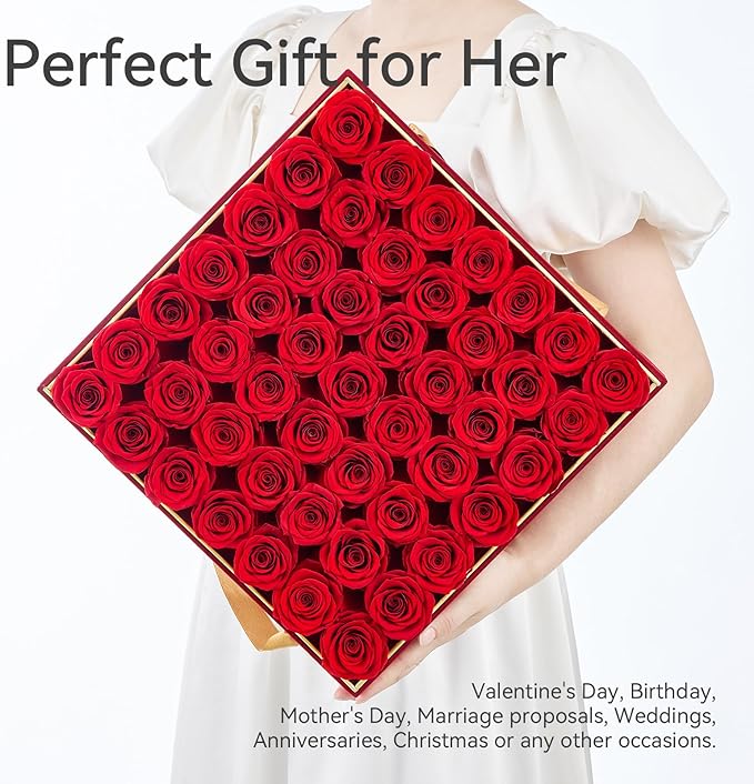 Preserved Roses in a Box 49-Piece Forever Flowers Gifts for Women Wife Mother Day Christmas Anniversary (Red Roses, Square Burgundy Suede Box)
