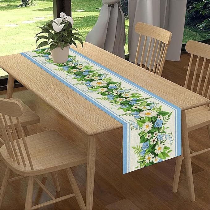 Wild Flower Table Runner, Vintage Seasonal Spring Daisy Flower Rustic Blue Farmhouse Table Center Decor for Family Kitchen Farmhouse Holiday Party Table Decorations Indoor Outdoor 13x108 inch