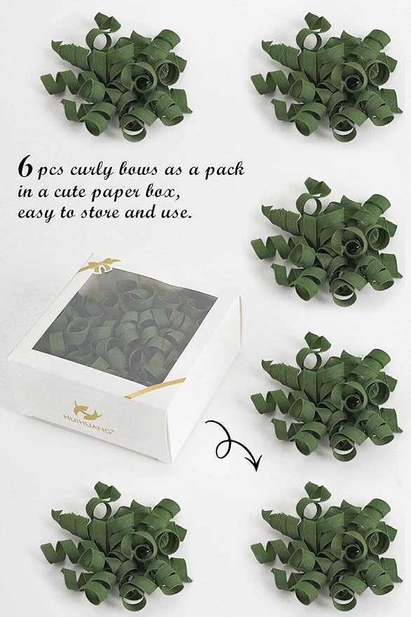 HUIHUANG Moss Green Bows for Gift Wrapping, Green Curly Ribbon Bows Self Adhesive Burst Gift Bow for Presents, Wine Bottle, Treat Bags, Wrap Accessories, Christmas, Wedding Party Favor - 6 Counts