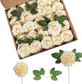 Artificial Flower Foam Rose 25pcs Real Looking Fake Rose with Stems Leaves for Home Decoration Party Garden Centerpieces DIY Wedding Bouquets（Champagne）