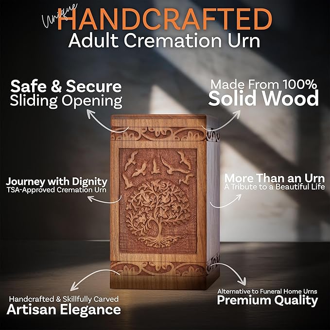 INTAJ Handcarved Wooden Cremation Urn for Human Ashes - Tree of Life Design, 180 lbs Capacity, Suitable for Adult Men and Women - Decorative Funeral Urn Box and Casket - Wooden Carved Box
