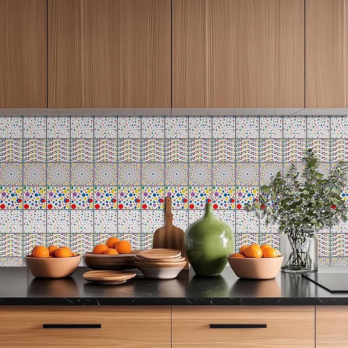 CHGCRAFT 36 Pcs 4 Style Wall Stickers Polka Dots Peel and Stick Wall Tile Sticker Colorful Wave Dot Pattern Waterproof Self Adhesive Stick on Tile Decals for Kitchen Bathroom Art Decor, 4×4 Inch
