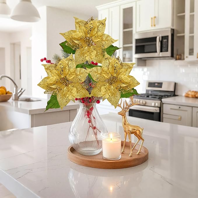 10" Poinsettia Flower Artificial for Christmas Tree Decor, 3 Pcs Faux Glitter Poinsettias Stems for DIY Xmas Wreath & Garland, Christmas Ornaments for Home Party, Holiday & New Year Decorations, Gold