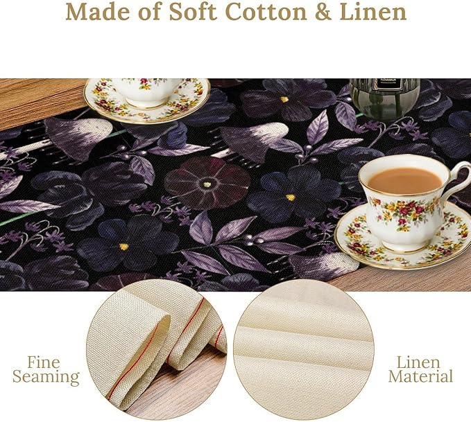 Gothic Floral Table Runner, Watercolor Black Purple Flowers Victorian Luxury Vintage Leaves Plant Table Runner for Home Kitchen Dining Decor Indoor Outdoor Party, 13x70inch