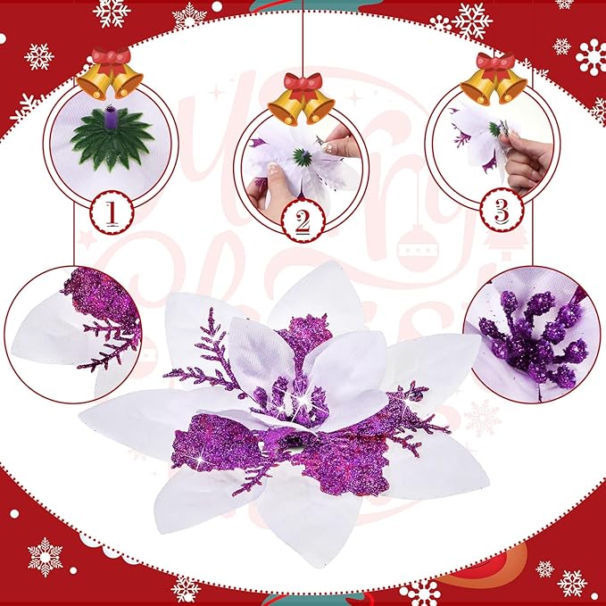 Geosar 24 Christmas Glitter Artificial Poinsettia Flowers Xmas Poinsettia Artificial Wedding Flowers Decorations Xmas Tree Ornaments with Clips for Party Favors, 6 Inch, 4 Inch, 3 Inch (White Purple)