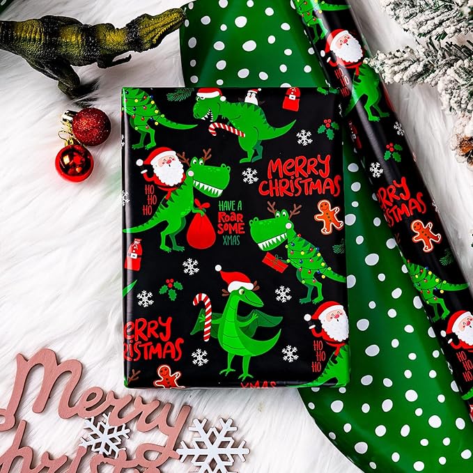 Yarcony Reversible Black Christmas Wrapping Paper for Kid, Funny Dinosaur and Santa Claus Pattern Christmas Gift Wrapping Paper for Kids Boys Men Holiday Gift Packaging (Mini Roll, 17 Inch X 33 Feet)