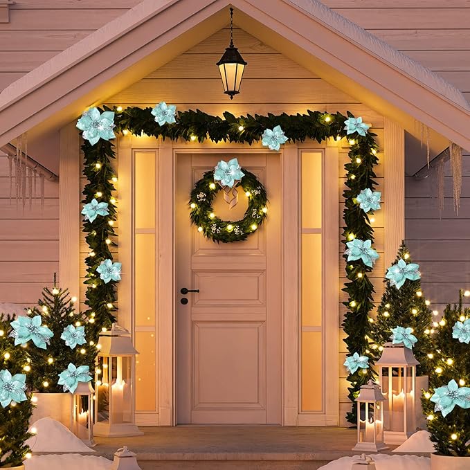 WILLBOND 36 Pieces Christmas Poinsettia Glitter Faux Flowers Christmas Artificial Flowers Tree Ornaments Topper Xmas Decorations(Blue-Green)