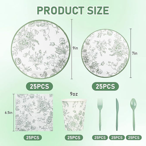 175Pcs Sage Green Floral Paper Plates and Napkins 25 Guests Green Toile Chinoiserie Party Supplies Set Include Plates Napkins Cups Spoons Forks Knives for Birthday Wedding (175, Sage Green Floral)