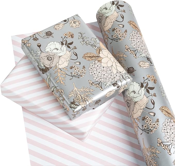 WRAPAHOLIC Jumbo Reversible Floral Wrapping Paper - 24 Inch X 100 Feet Jumbo Roll Pearlized Vintage Floral Design, Perfect for Wedding, Birthday, Mother's Day