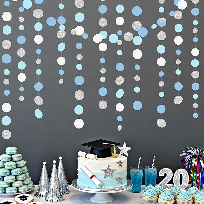 Dusty Blue Silver White Polka Dots Garland Hanging Paper Circle Dot Streamer for Nautical Baby Shower Birthday Wedding Engagement Bridal Shower Retirement Graduation Hen Party Decorations Supplies