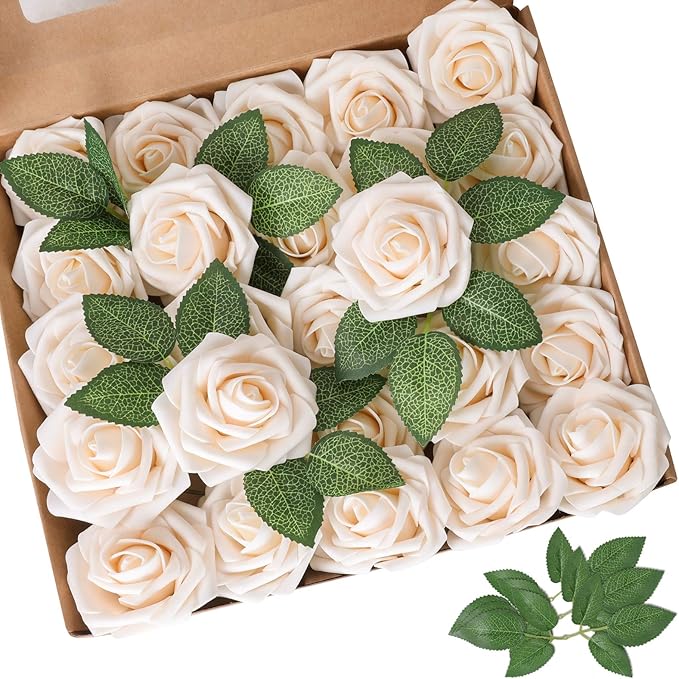 AmyHomie Artificial Flower Champagne Rose 25pcs Real Looking Fake Roses w/Stem for DIY Wedding Bouquets Centerpieces Arrangements Party Baby Shower Valentines Day Christmas Tree Decorations