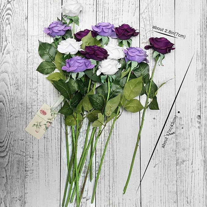 FiveSeasonStuff 12 Stems Artificial Flowers Real Touch Silk Roses for Wedding Decoration Bridal Bouquets Table Centerpieces Party Shower, Packed in Box (Luxe Purple & White)