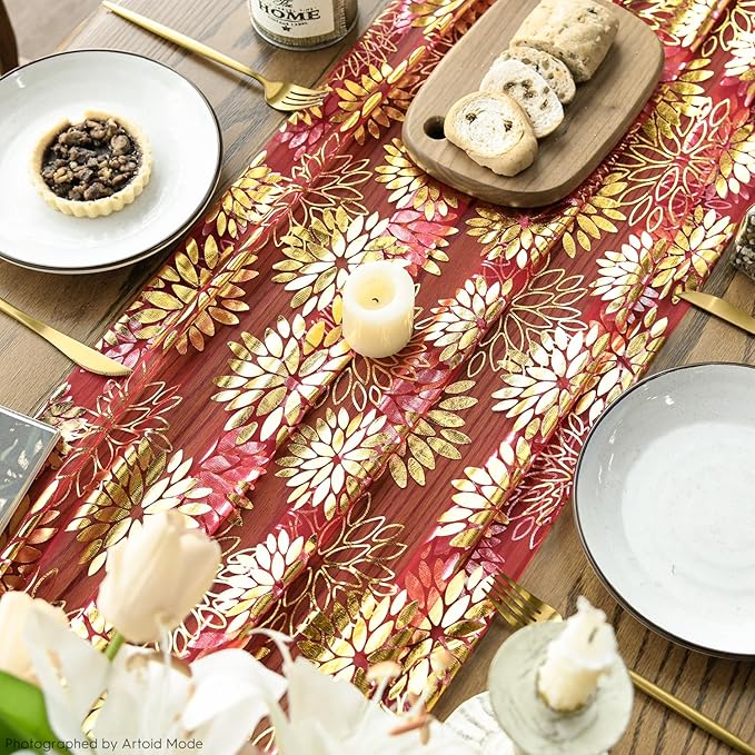 Artoid Mode 3PCS Red Gold Dahlia Flower Gauze Table Runner 120 Inch 10FT, Glitter Metallic Foil Seasonal Sheer Dining Holiday Table Decor for Home Party
