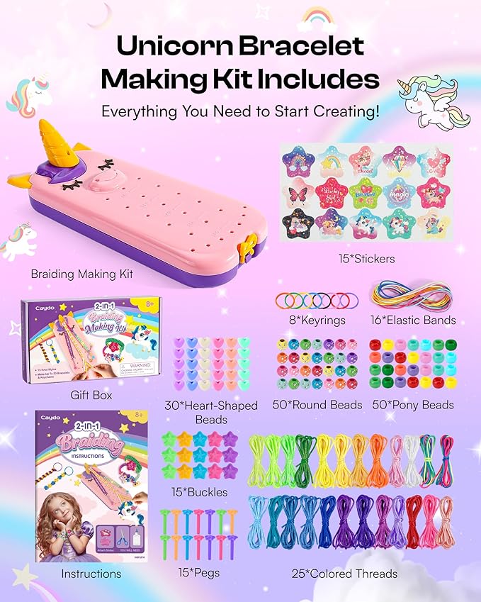 Caydo Bracelet Maker, Unicorn Friendship Bracelet Making Kit for Girls 8-12 Years Old Birthday Christmas Gifts, 2 in 1 Bracelet Keychain Kits for Kids DIY Arts and Crafts Toy for Ages 8+