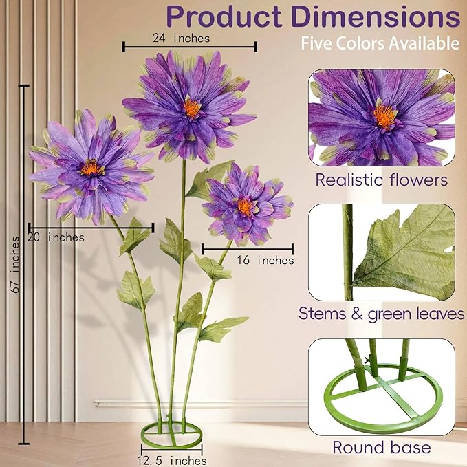 5.6 Ft Giant Daisy Flowers for Decoration,Big Artificial Fake Daisy,Large Crepe Paper Flowers for Home Decor Garden,Hotel,Office,Photography Props,Wedding,Art Gallery,Shop Window Display(Purple)