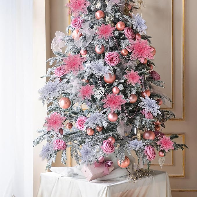 Boao Pink,Silver 24 Pieces Poinsettia Flower Christmas Glitter Artificial Poinsettia with Clips Christmas Tree Ornament Decorations for DIY Xmas Wreath Holiday Home Party Decor, 3/4/6 Inches