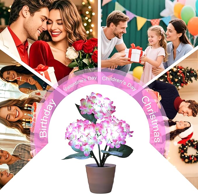 Pink Artificial Hydrangea LED Flower Pot - Lighted Floral Decor for Wedding, Christmas, Home Decor, Battery-Operated Night Light, Gift for Women