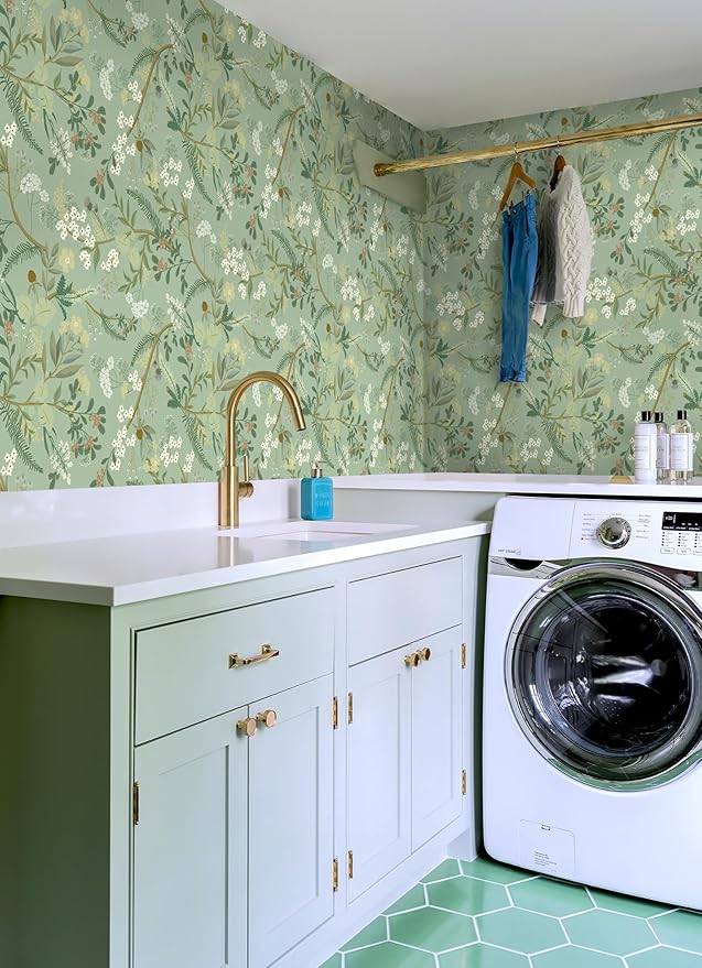 Guvana Floral Peel and Stick Wallpaper Leaf Contact Paper Self Adhesive Wallpaper Colorful Flower Contact Paper for Bedroom Livingroom Decor16.14 x78.7(Light Green Background)