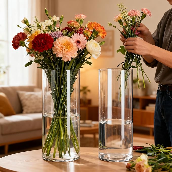 2 Pack Acrylic Cylinder Vases, Non-breakable Vase for Centerpieces, 10 inch Tall Clear Flower Vase Bulk Floating Candle Holder for Wedding Table Home Decor and Party