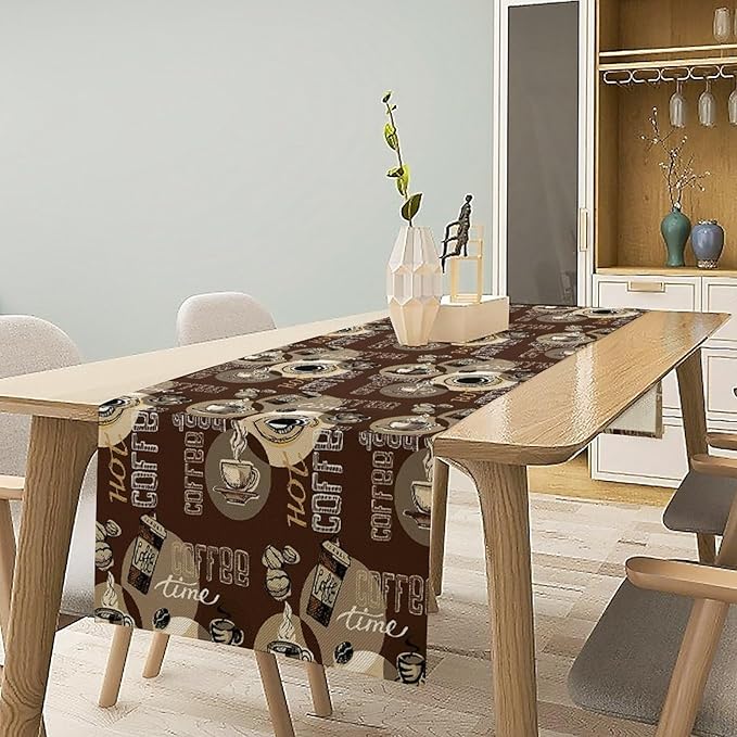 Coffee Theme Table Runner Vintage Coffee Beans Mug Cup Dinner Runner Table Decoration for Farmhouse Cabin Home Kitchen Dining Holiday Party 13x120in