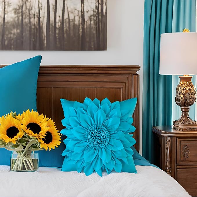 Bella's Giftshop 3D Sunflower Decorative Throw Pillow Covers for Bed Sofa Couch Car, Accent Floral Taffeta Cushion Cover, Handmade Pillow Cases Living Room Decor, 17x17 Inch-Teal/Turquoise