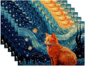 Starry Night Cat Placemats Set of 6,Washable Heat Resistant 12×18 Inch Linen Table Mats Cute Place Mats for Party Outdoor Dining Décor