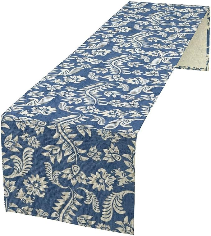 Vintage Floral Table Runner, Rustic Blue White Paisley Flower Boho Farmhouse Decor Table Runner for Kitchen Dining Home Party Decor, 13x60 Inch