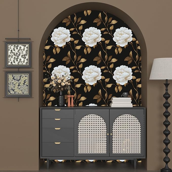 Black Golden Floral Wallpaper Peel and Stick Flowers Contact Paper 17.5in x 118in Vintage Leaf Wall paper Vinyl Waterproof Self Adhesive Dark Botanical Walls Murals for room Cabinet Table Drawer Decor