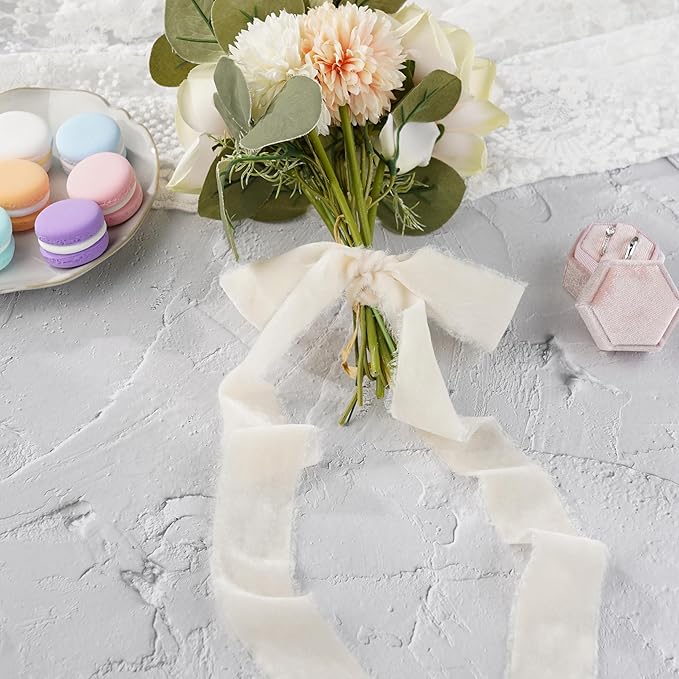 Ivory Velvet Ribbon 1.5 Inch Iovry Frayed Silk Velvet for Christmas, Gift Wrapping, Raw Edge Boho Style for Wedding Invitation Bridal Bouquet -3yards