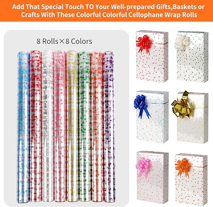 CMFYHM 8 Rolls clear Cellophane Wrap Roll (34 in x 16.4 ft x 8 Colors) Gift Baskets Wrap Roll,Extra Wide Transparent Polka Dots Cellophane Wrapping for Gift Baskets,Flowers, Candies, DIY Craft,Baby Shower, Easter,Halloween,Christmas