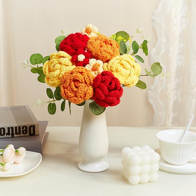 Orange Red Crochet Flower Bouquet, Orange Red Knitted Flowers Rose Crochet Bouquet Handmade for Wedding, Anniversary, Christmas, Graduation Crochet Gifts for Women (Includes Card)