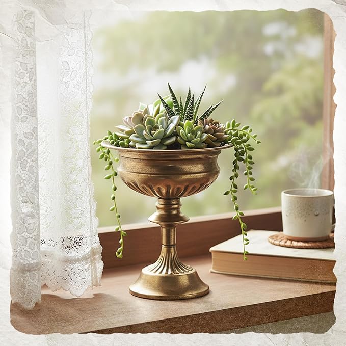 WORTH Small Urn Vases for Centerpieces Set of 2, Classic Metal Trumpet Flower Pots for Table, Bowl Vase for Wedding Party Event Home Deco (Golden, 7.8" Dia x 8.8" H)