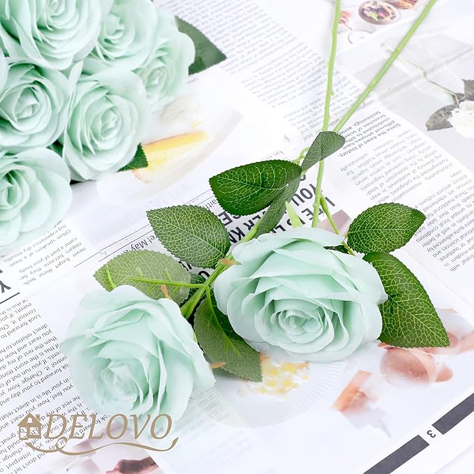 52pcs Sage Green Roses Artificial Flowers Sage Green Fake Flowers Silk Roses with Stems for DIY Wedding Bouquets Bridal Shower Centerpieces Arrangements Party Decorations