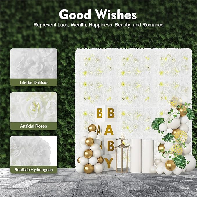 12 Pcs White Flower Wall Flowers Backdrop Artificial Flower for Backdrop Flowers Decoration 3D Floral Panels for Wall Decor Home Party Wedding Room Decoration (60x40cm/White+Yellow)