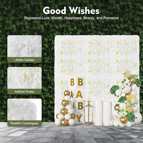 12PCS Flower Wall Panel Set, Artificial Wall Flower Backdrop,Artificial Flower Wall Mat Silk Rose Flower Panels,Hydrangea Rose Floral Panel for Party Wedding