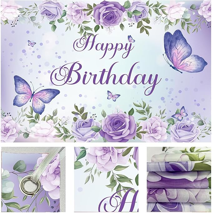 7x5Ft Butterfly Happy Birthday Backdrop Purple Butterfly Backdrop Rose Flowers Decorations Girls Birthday Party Backdground Decoration Cake Table Banner Happy Birthday Photography Background