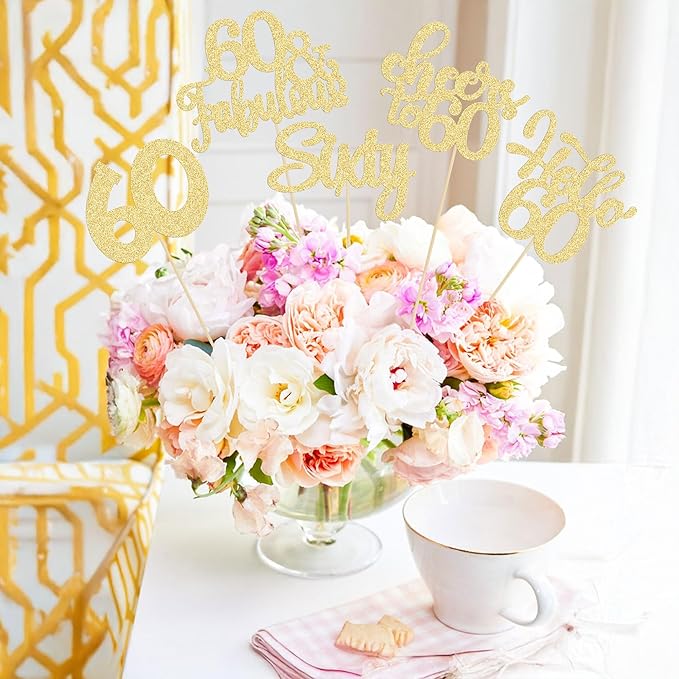 Gyufise 15Pcs 60th Birthday Centerpiece Sticks Sixty Happy 60th Table Flower Centerpieces Sticks Cheers to 60 Floral Decorations for 60th Birthday Party Centerpieces Supplies Gold