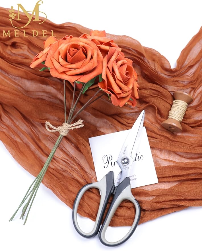 Meldel Artificial Flowers 50pcs Real Looking Burnt Orange Foam Fake Roses with Stems for DIY Wedding Bouquets Bridal Shower Centerpieces Floral Arrangements Home Decorations Crafts