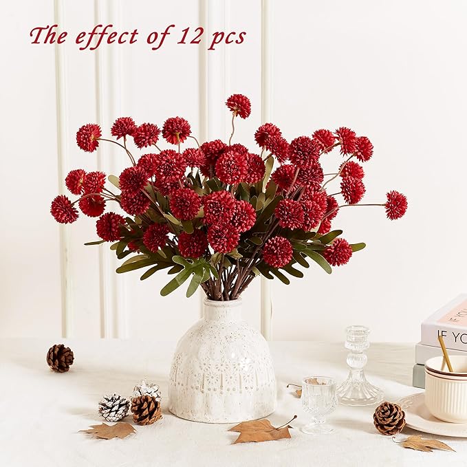 SITUMEIZI Red Faux Silk Pompon Mum Artificial Red Flowers Fake Mini Chrysanthemum Flowers Mums 6Pcs for Christmas Home Party Wedding Decorations