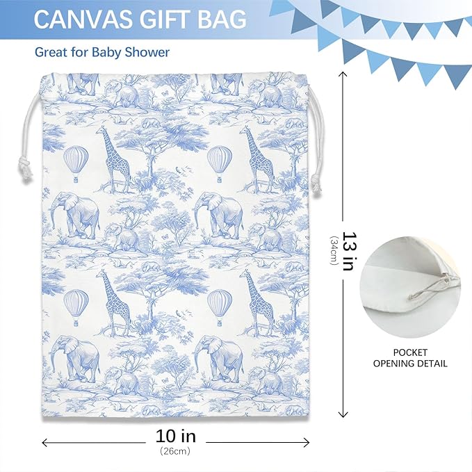 DSHFG Light Blue Birthday Drawstring Gift Bags, Safari Toile Chinoiserie Animals Baby Shower Drawstring Gift Bags Canvas, Blue and White Small Happy Birthday Bag, 10x13 Inch